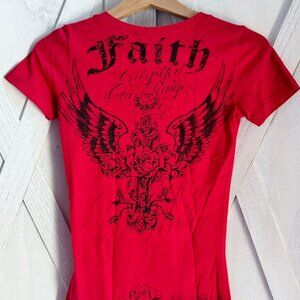 NWOT Vocal Apparel Womens Crystal Red Faith Cross Wings T Shirt s small
